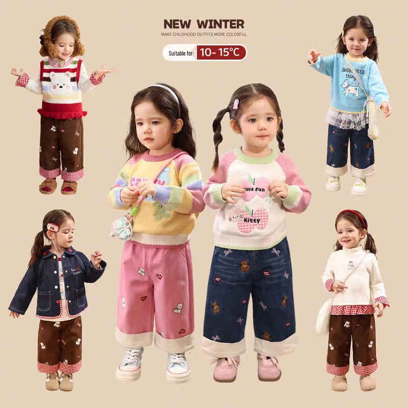 LUSON Baby Girl Fleece-Lined Denim Blue Straight-Leg Pants