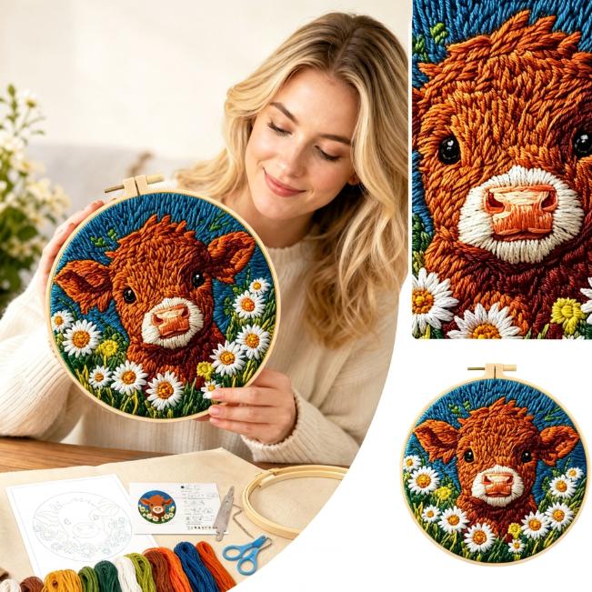 Hand Embroidery Kit with Cow Design - Cute Animal Set for Home Decor
