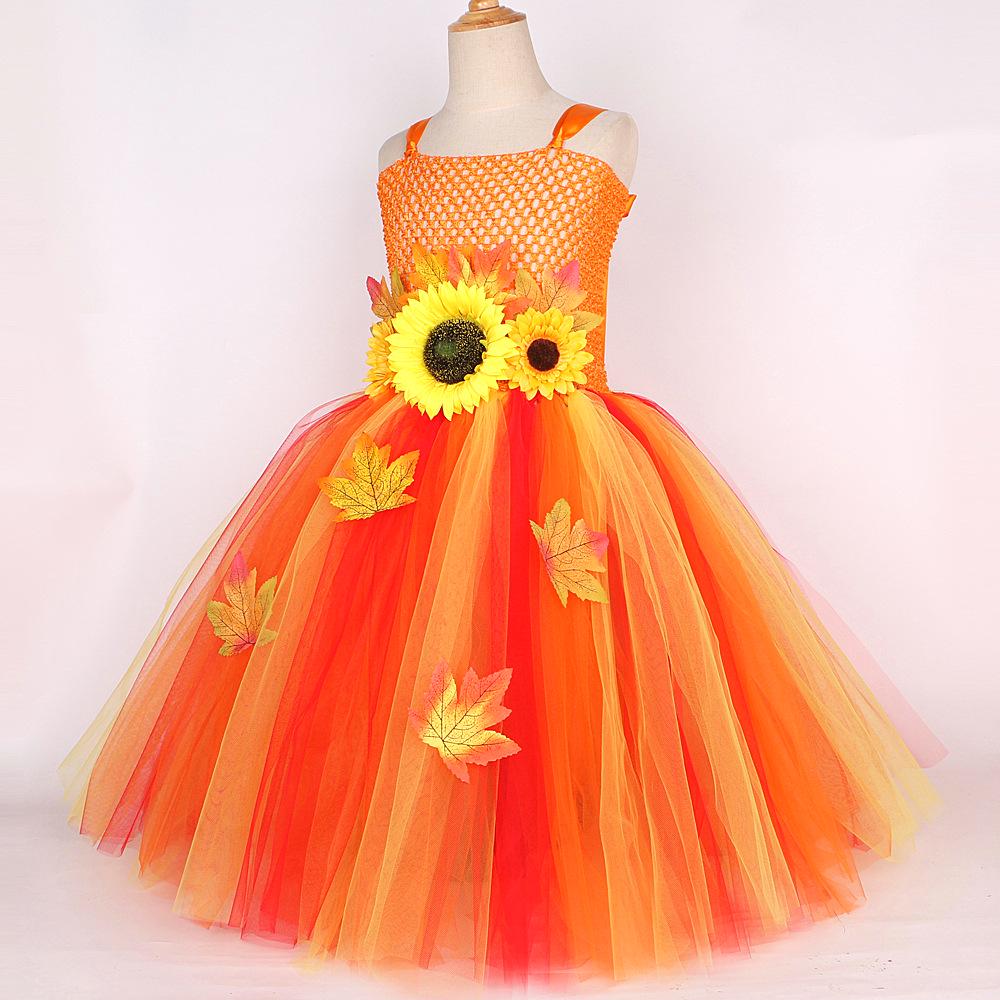 Autumn Leaf Sunflower Girl's Fairy Princess Dress with Long Fluffy Skirt
