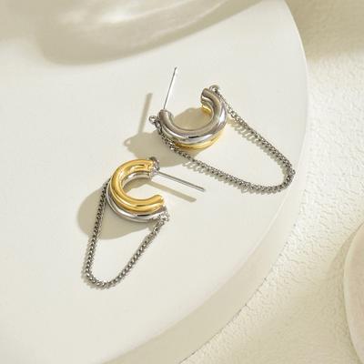 Stainless Steel Two Tone Double Layer C-shape Tassel Chain Drop Earrings 18K Gold Plated Anti Allergic Waterproof Women Jewelry