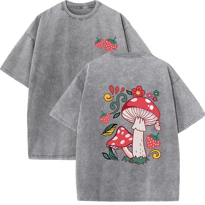 Beautiful Mushrooms And Delicious Strawberries Print Washed Women T Shirts Summer O-Neck Cotton Tees Top Fashion Clothes