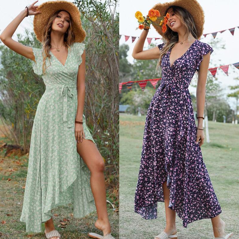 Women's Bohemian Floral Print V-Neck Tie Waist Maxi Dress Rayon Beach Vacation Flowy A-Line