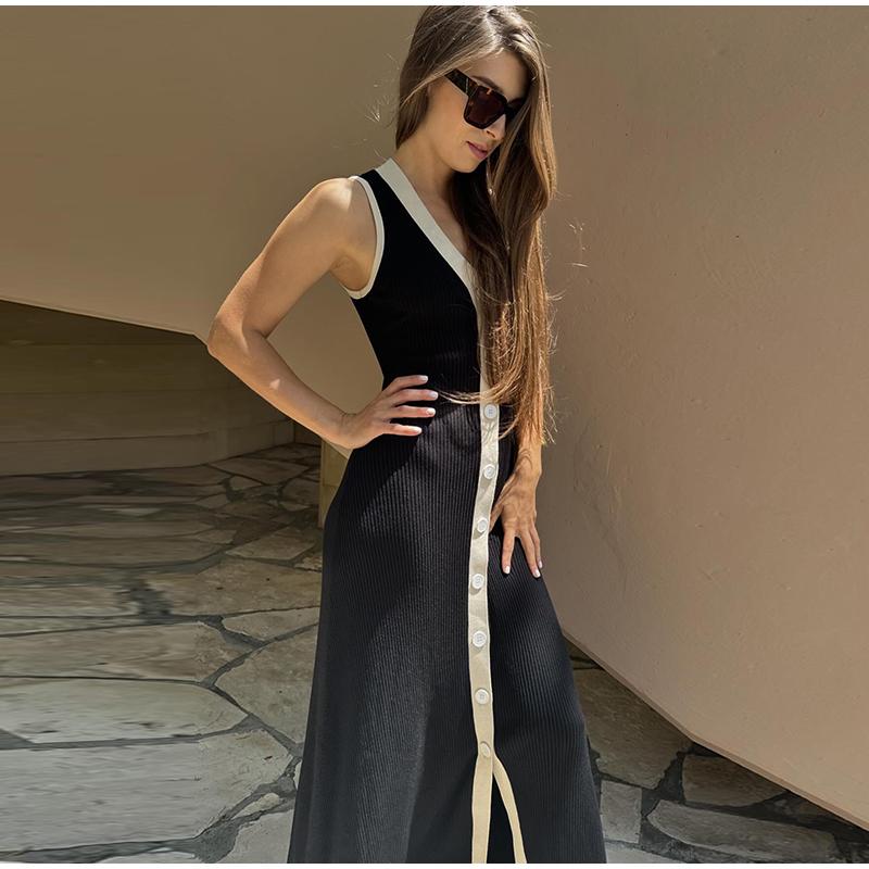 Contrast Knit Long Dress Women Sleeveless V-neck Slim Hip Package Female Dresses Casual Single Breasted Elegant Lady Robe