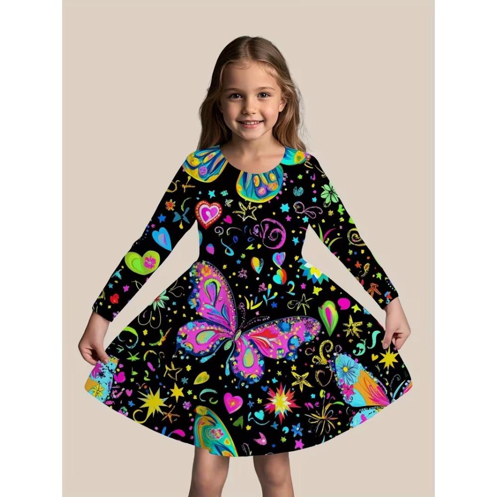Girls' 3D Butterfly Floral Dress Long Sleeve Summer Spring Vacation Daily Holiday Princess Beautiful Sweet Kids 4-12 Years Casual Dress A Line Dress