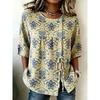 Women's Vintage Damask Floral Print Drawstring Button Up Blouse, Casual Round Neck Tops for Spring Summer Daily Vacation Wear