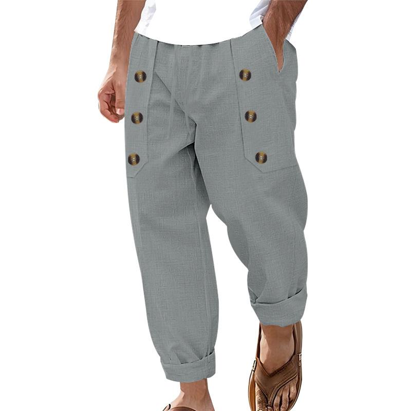 Fashion Men's Casual Trousers Beach Men's Casual Multi-button Cotton Linen Loose Trousers Men