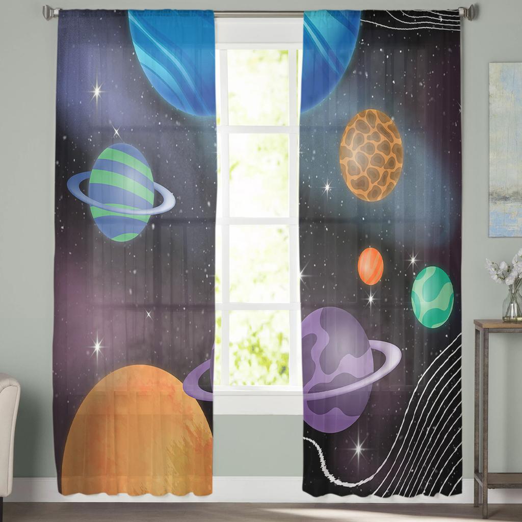 Universum Stern Planet Tüll Fenstervorhang Transparent Volants Vorhänge Für Wohnzimmer Heimdekoration Drapierung Paneel