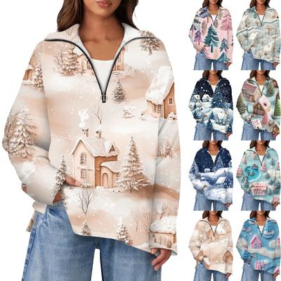 Women's Casual Half Zip Lapel Christmas Print Pullover Tops Side Slits Fashion Clothing