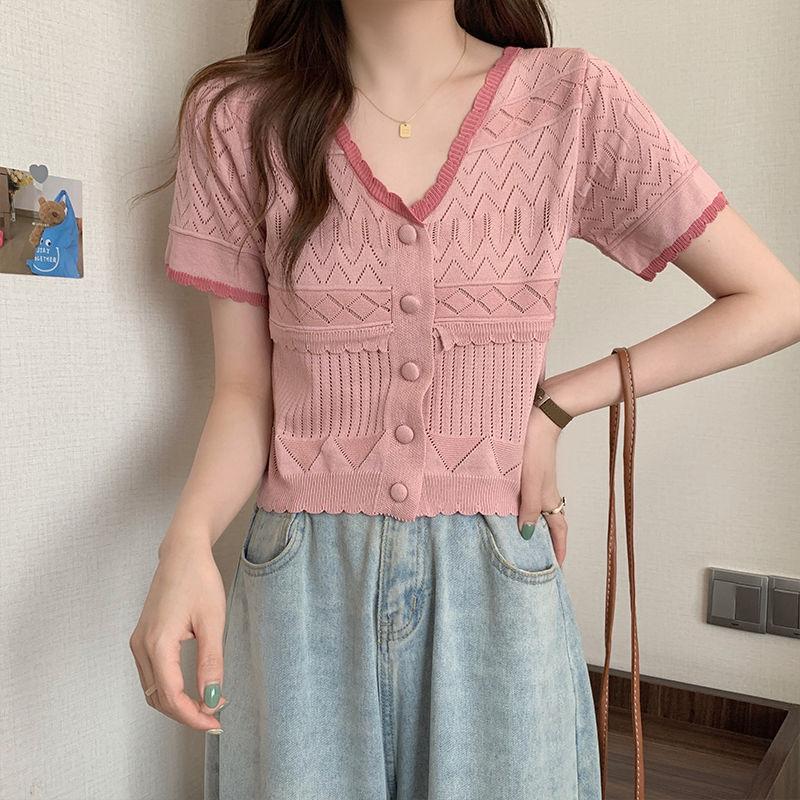 Ice Silk Short Sleeved T-shirt for Women In Summer Thin Cut with A Unique Design That Covers The Belly. Short Cut Hollow Knit Top