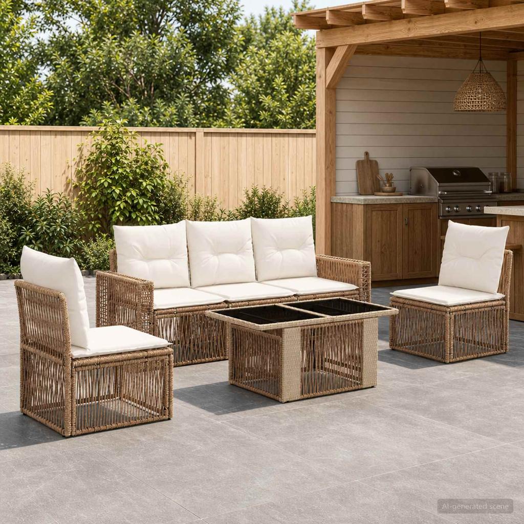 Garden Sofa Set 6 pcs Beige and Cream White Poly Rattan
