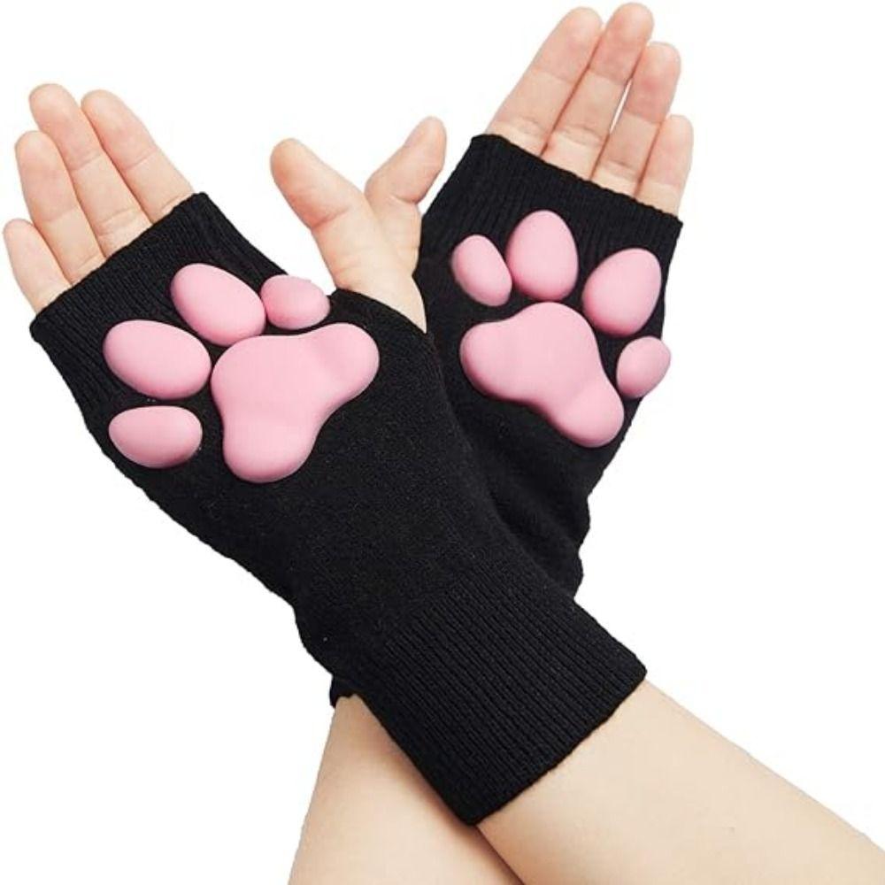 Cute Cat Paw Mittens Gloves Silicone Warm Knitting Gloves Soft Fingerless Mittens  Girls