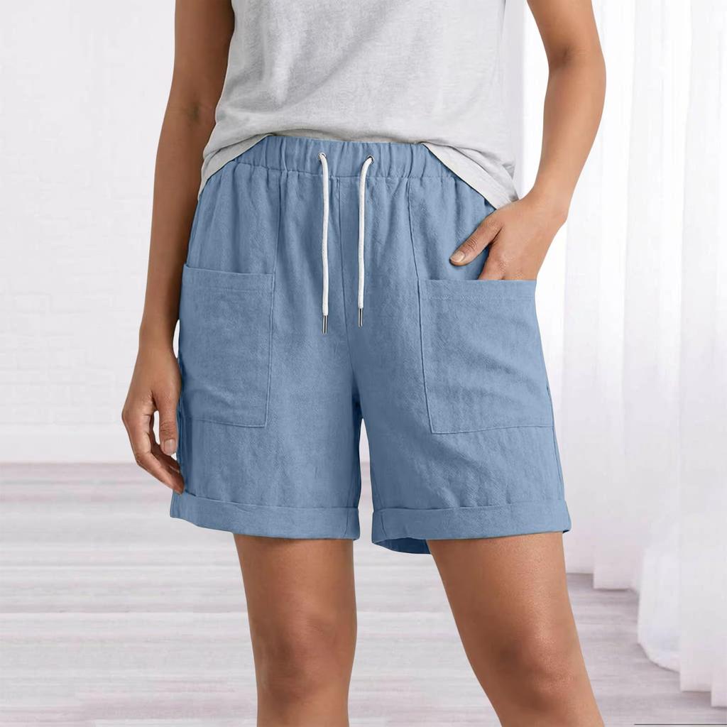 Women’s Linen Casual Shorts with Elastic Waistband Drawstring Adjustable Fit and Large Front Pockets for Everyday Wear