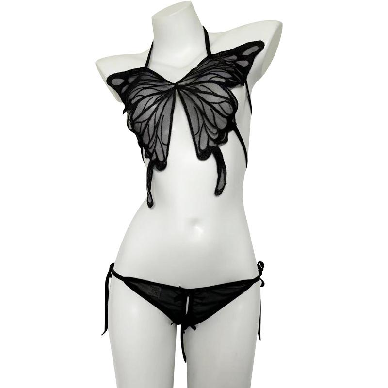 Sex underwear female sexy perspective pure desire cute butterfly lace-up mesh three-point uniform free-of-charge set
