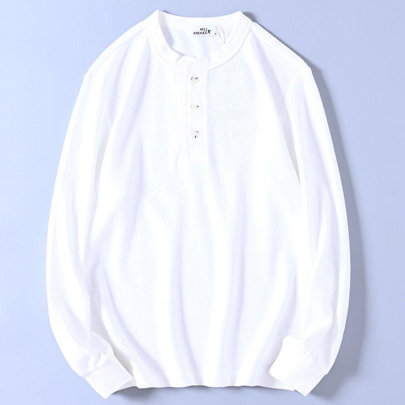 HK Company Tail Single Washed Minimalist Easiest for Match Men Waffle Small Embroider Henry Collar Long Sleeves T-shirt Bottoming Shirt Fashion