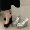 Fashion Eilyken Summer PVC Transparent Open Toe Women Slippers Bling Sequin Cloth Platform Wedges Heels Banquet Party Shoes