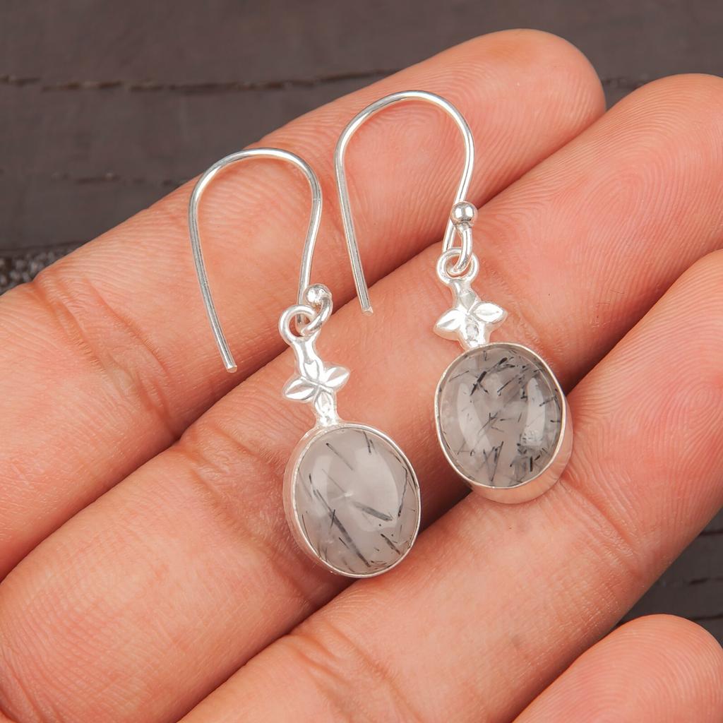 Black Rutile Gemstone 925 Sterling Silver Handmade Jewelry Hook Earrings 1.30" EE-6-26
