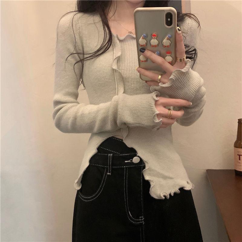 Asymmetric Long Sleeve Top Knit Base Layer for Women Autumn Thin Slim Fit Short Split Inner Wear Hot Girl Top