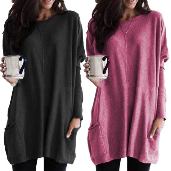 Dámské jednobarevné tričko velké velikosti s dlouhým rukávem, tunika s kapsami
