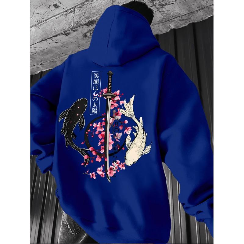 Unisex Oversized Hoodie Met Japanse Koi Zwaard Kerselbloesem Ukiyo-e Print Losse Pasvorm Streetwear