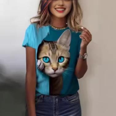 Fashion Women's T-Shirt Printed Kawaii Cat Pattern Short Sleeve Crew Neck Top Summer Outdoor Casual Street