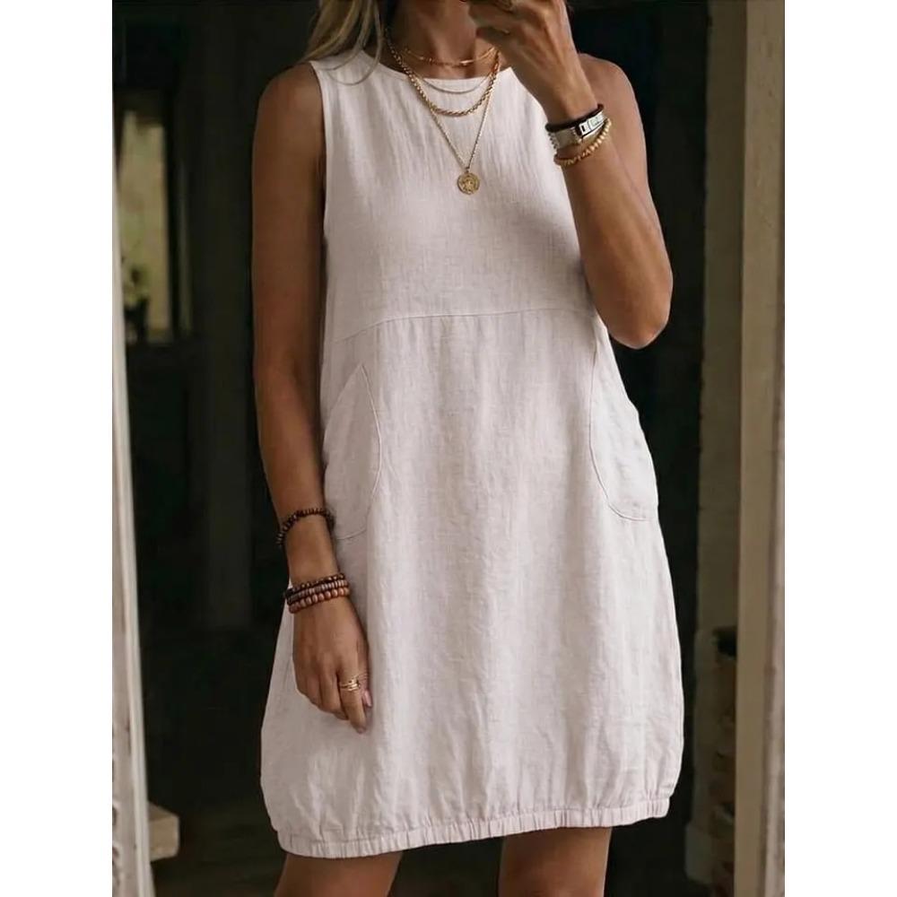 Women's Round Neck Sleeveless Side Pocket Solid Linen Loose Fit Casual Midi Dress