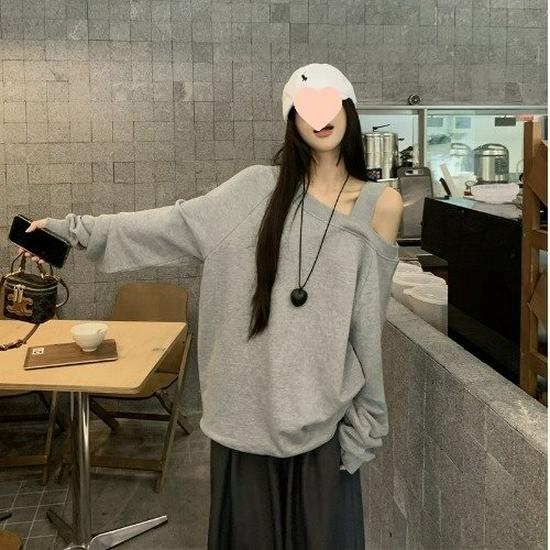 

Повседневный серый свитшот с открытыми плечами - Женская осенняя коллекция 2025, Свободный и оверсайз топ средней длины L серый