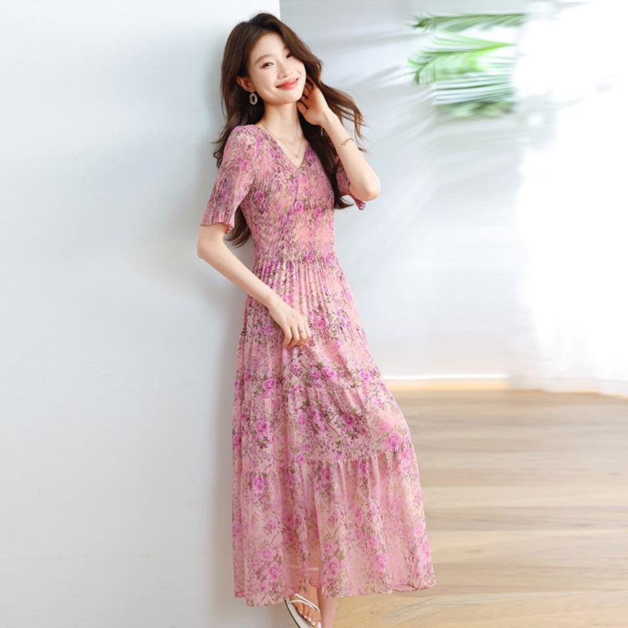 Summer new fashion pleated V-neck floral thin temperament elegant pendulum dress