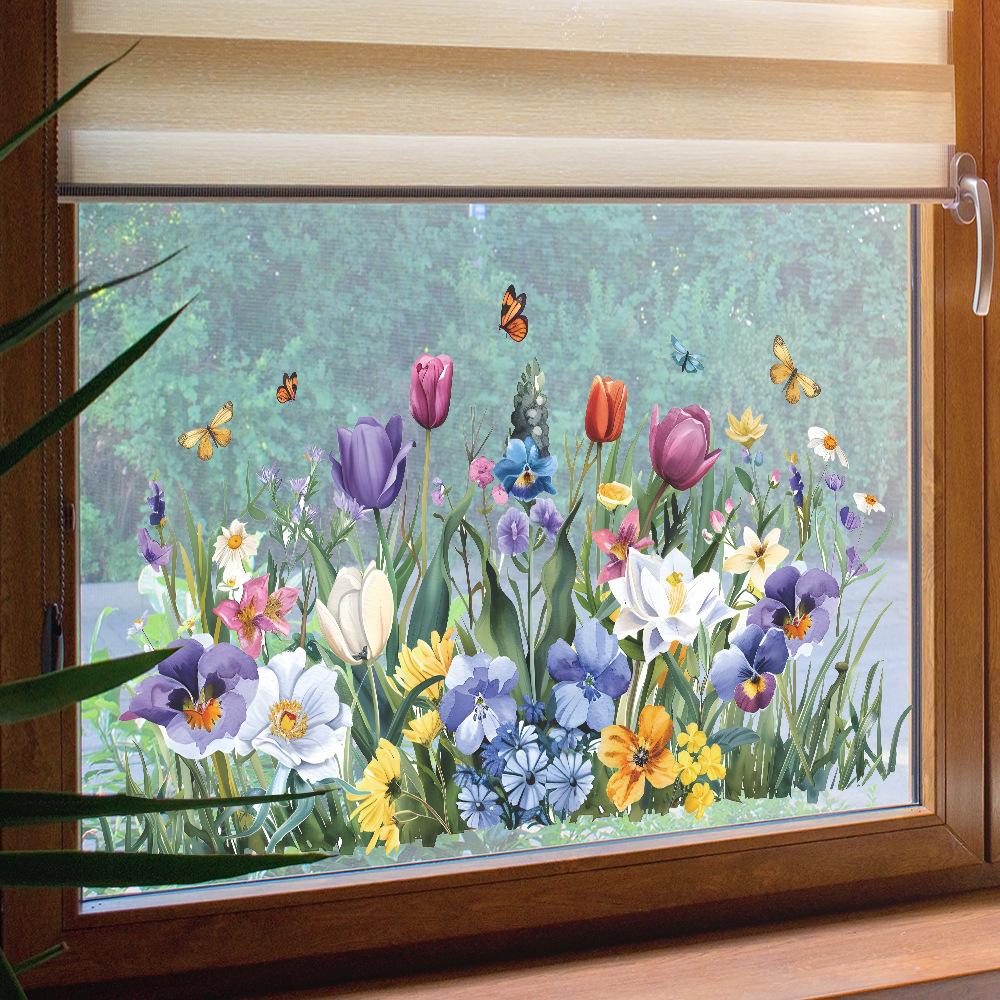 Painted Tulip Butterfly Leaves Static Cling Window Glass Door Sticker Home Decor