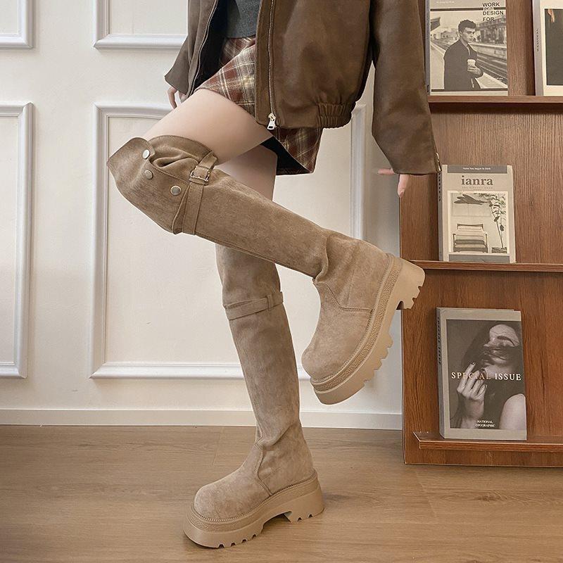 Skinny over the knee small sleeve fashion boots women's autumn height increase 2025 new square heel high boots retro thick sole