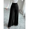 New Women's High Waist Black Straight Wide Leg Pants, Polyester Blend Patchwork Lightweight Trousers for Office & Street Fashion