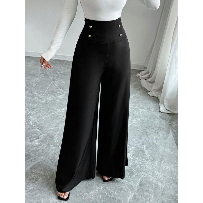 New Women's High Waist Black Straight Wide Leg Pants, Polyester Blend Patchwork Lightweight Trousers for Office & Street Fashion