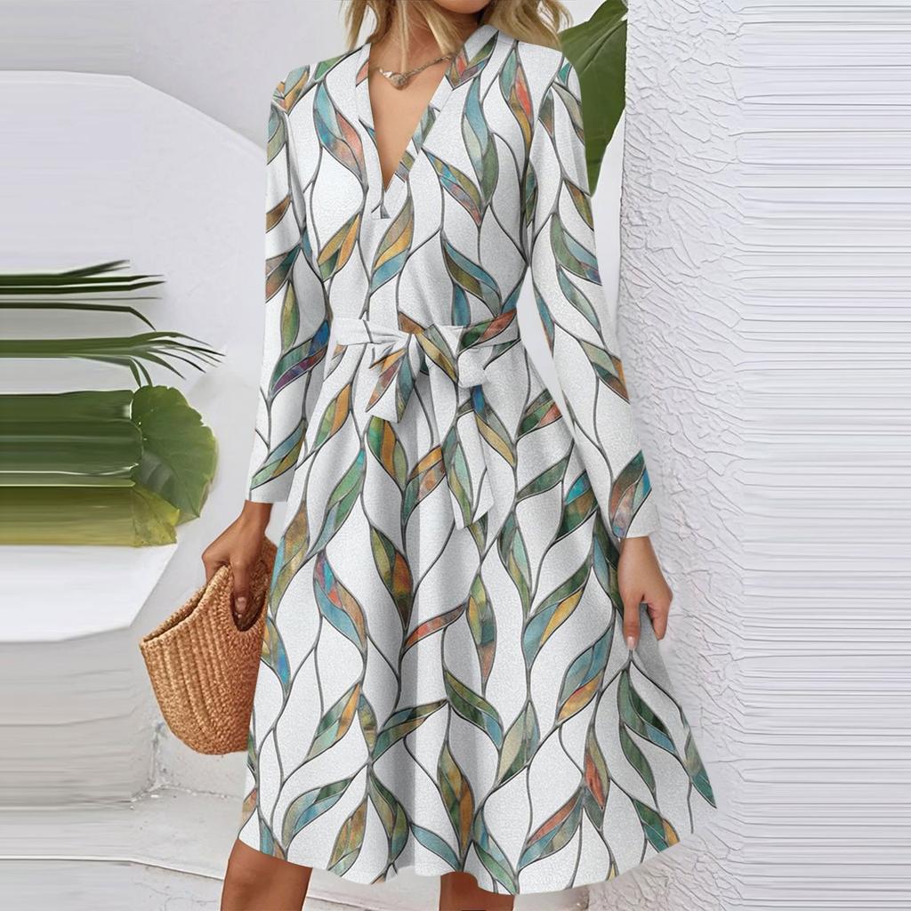 Women's Fashion Casual V-Neck Long Sleeve Waist Floral Print Midi Dress