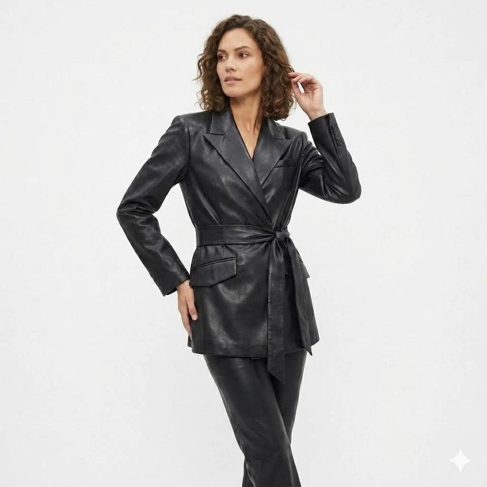 Women's Slim Fit Genuine Handmade Black Real Lambskin Leather Trench Coat Stylish