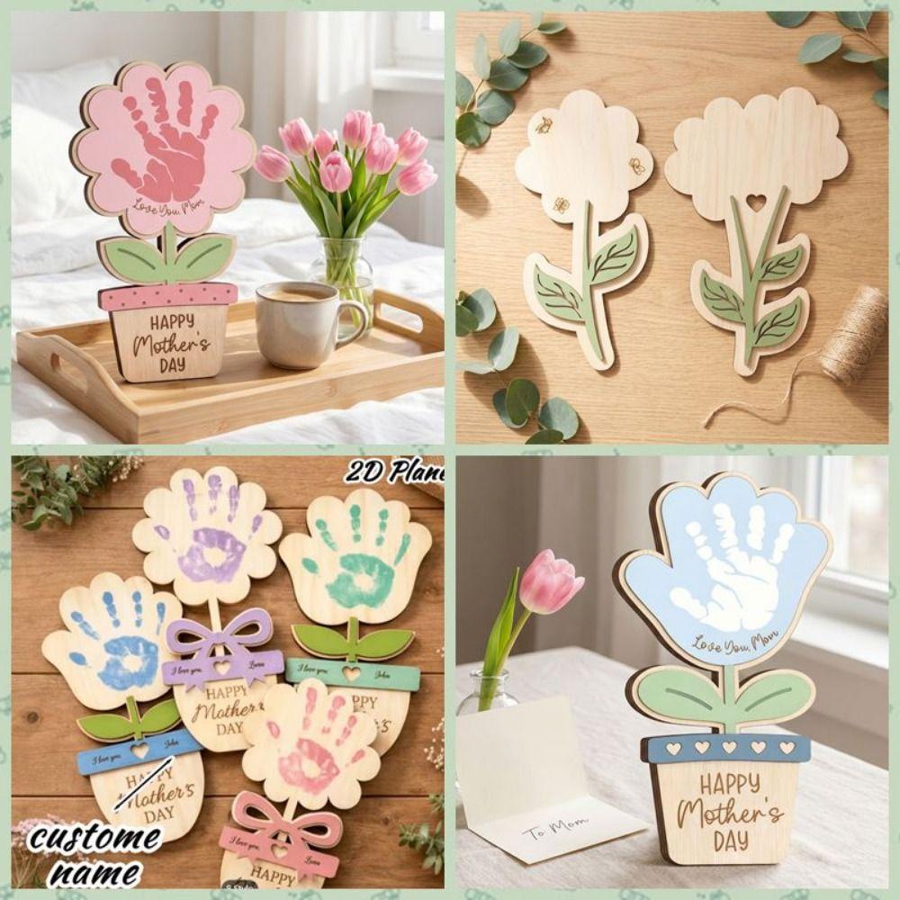 Hand Painted Mother's Day Plaque Ornament Mom Gifts DIY Handprint Sign Decoration 2D Flat Wooden Flower Craft Kids Learning