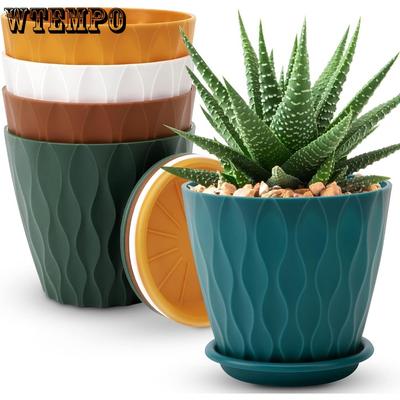 5pcs Indoor Planter Pots with Drainage Hole and Tray Saucer Flower Pots for Indoor Outdoor Garden Plants and Flowers Modern Wave Texture