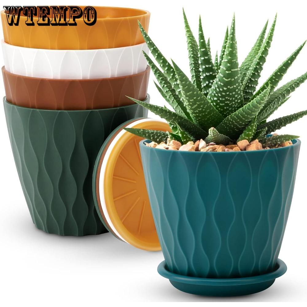 5pcs Indoor Planter Pots with Drainage Hole and Tray Saucer Flower Pots for Indoor Outdoor Garden Plants and Flowers Modern Wave Texture