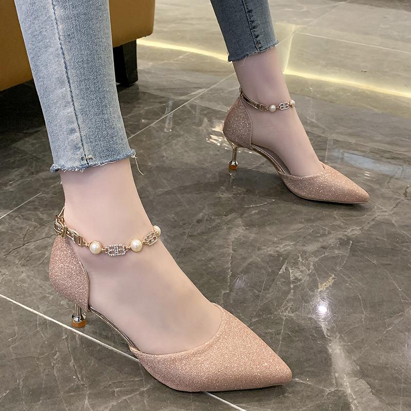 Fashion One Word Belt Pointed Toe High Heels Summer New Baotou Shallow Mouth Non-tiring Feet Thin Heel Ultra-soft Hollow Sandals