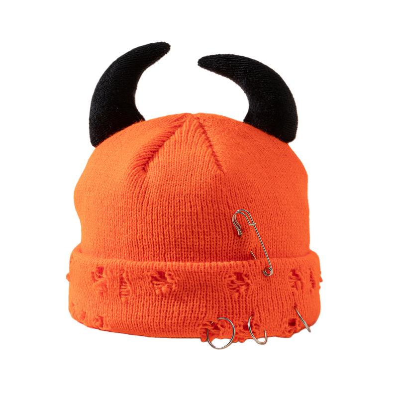 Korean Horn Button Wool Beanie with Devil Ears - Unisex Spring/Autumn Hat