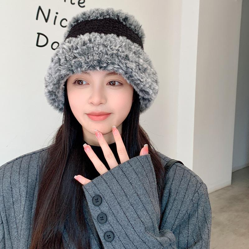 Plush hat women's autumn and winter new knitted wool hat niche temperament rabbit hair bucket warm bucket hat tide
