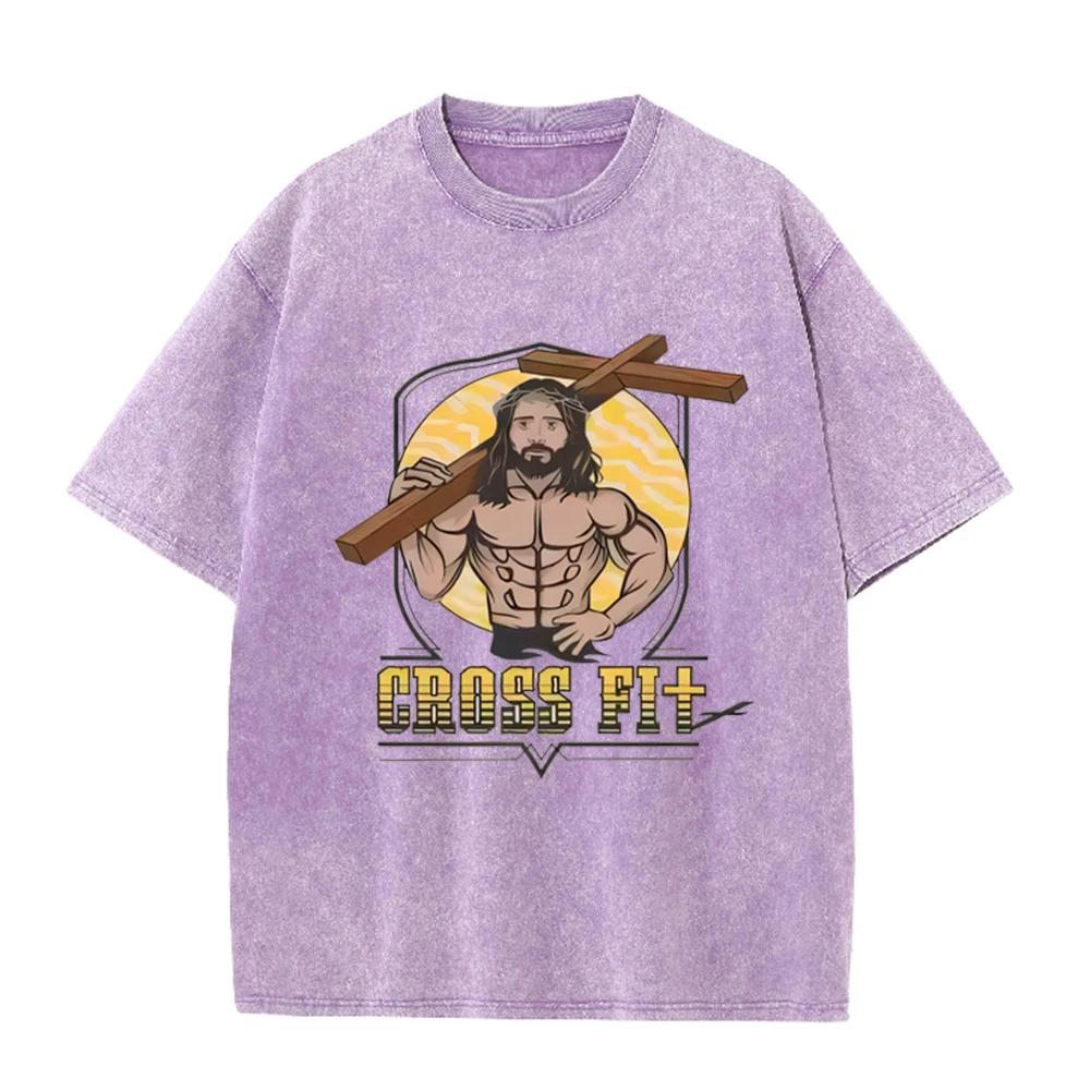 Asian Size Vintage Washed T Shirt Muscular Jesus Cross Fit Graphic Oversized Gym Christian Streetwear Short Sleeve Tee