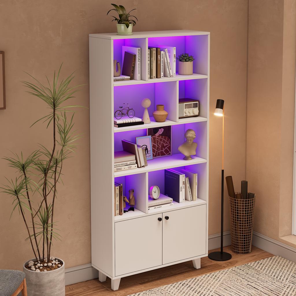 80x30x173cm Bookshelf, Solid Wood Legs, Multiple Storage Compartments, Double Doors, LED Color-Changing Ambient Light, App Control, White
