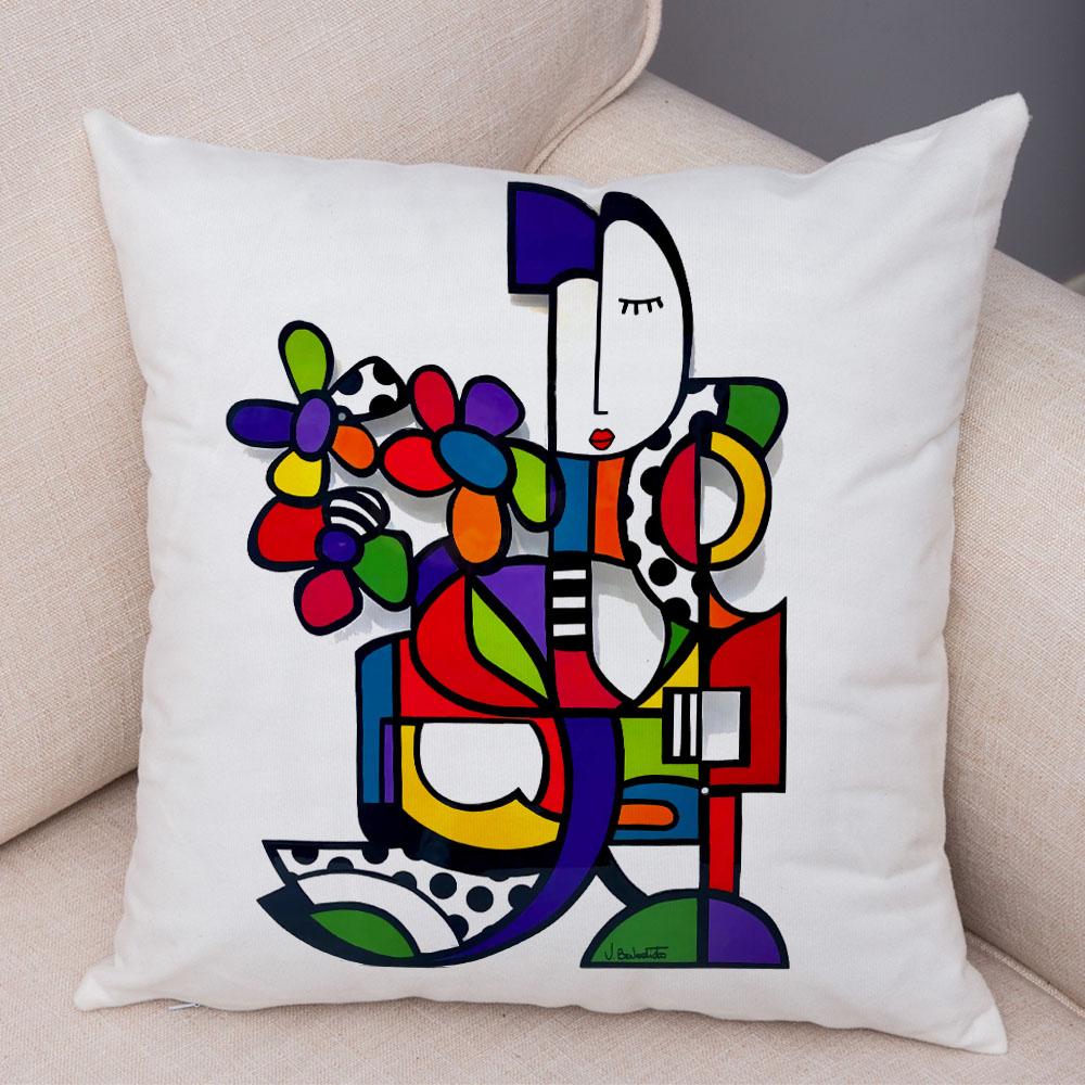 Geometric Cartoon Girl Colorful Abstract Art Drawing Pillowcase Sofa Cushion Cover Home Car Decor Home Decor