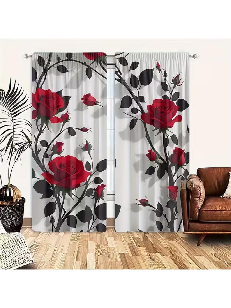 2pcs Elegant Red Rose & Black Leaf Pattern Curtains, Designed for Light Blocking, Premium Material, Suitable for Living Room, Be