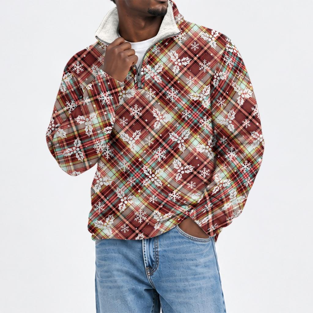 Men's Stand Collar Flannel Sweatshirt with Christmas Print