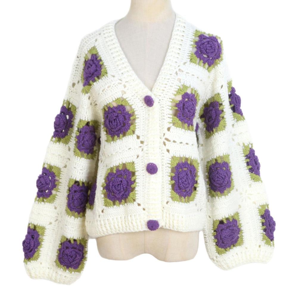 Hand-Crocheted Rose V-Neck Cardigan – Solid Color, Long Sleeve, French Chic