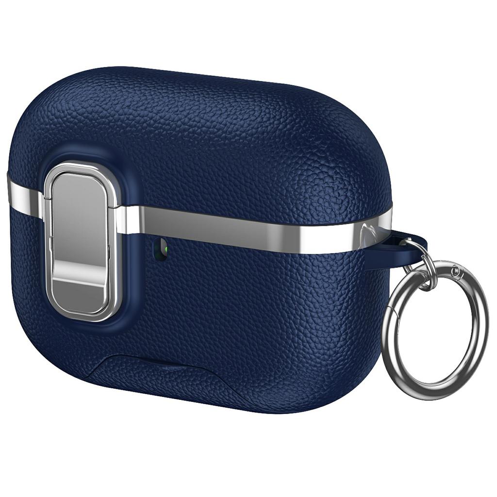 For AirPods Pro Case Foldable Stand Electroplated Litchi Texture TPU PC Earbuds Cover with Switch / Carabiner