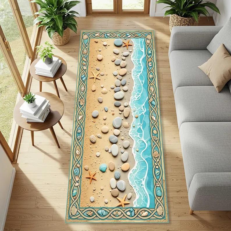 Underwater Fish Swarm Runner Rug Beach Starfish Pattern Decoration Carpet Living Room Corridor Bedside Sofa Footrest