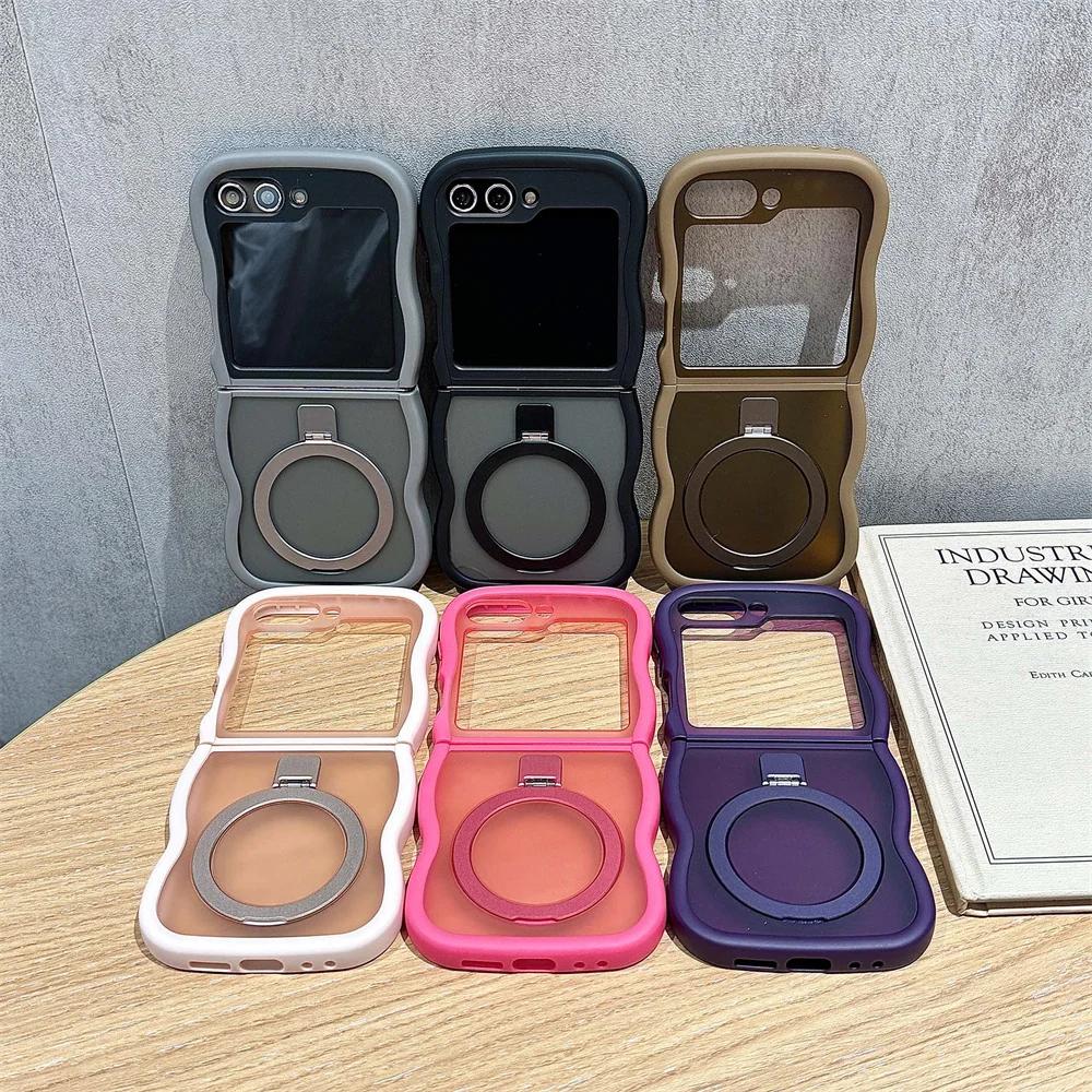 Curly Wavy Frame Translucent 360°Rotated Ring Holder Stand Cover For Samsung Galaxy Z Flip 6 5 4 3 5G For Magsafe Magnetic Case