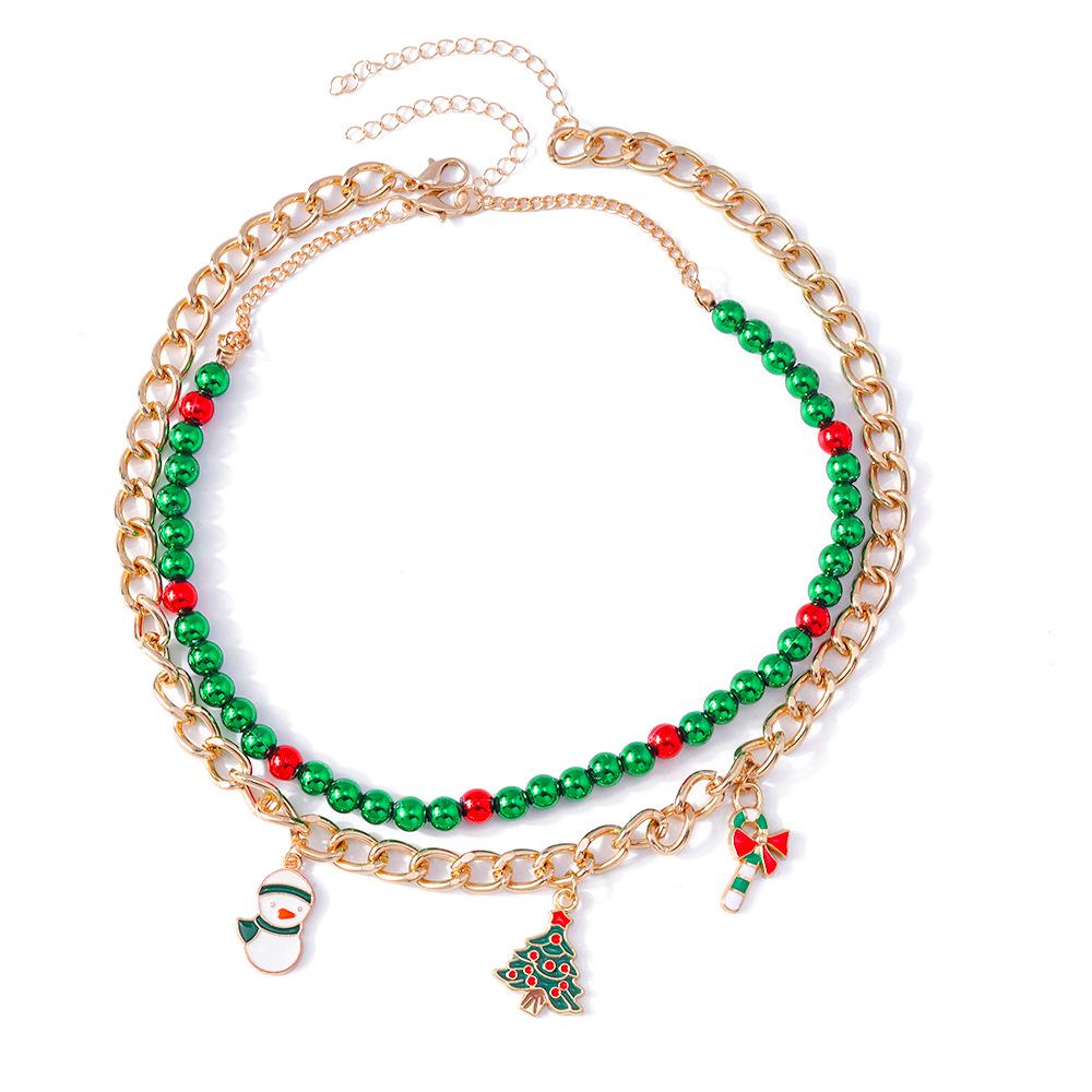 European and American Christmas Snowman & Cane Necklace Set - Beaded Clavicle Chain Jewelry