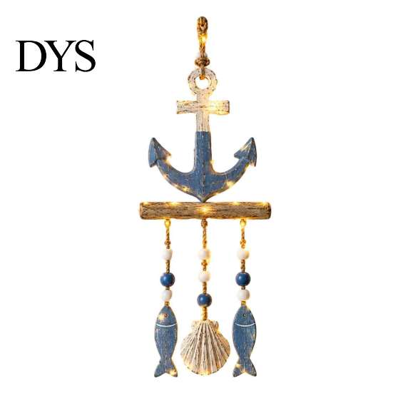 Jute Rope Wall Hanging Lighted Coastal Wooden Ornament, Nautical Fish Shell Starfish Sign with Handmade Beach Vibe Art Warm LED Lights, House